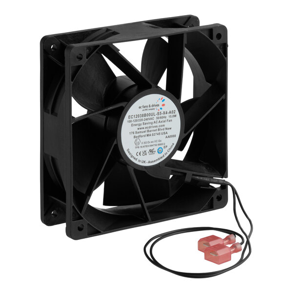 A black square axial fan with a central label, attached wires, and red connectors.