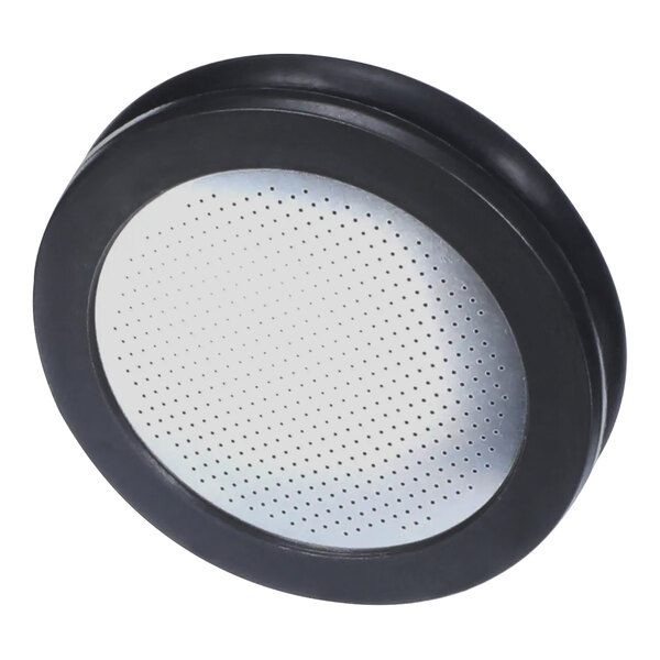 A black and silver circular Bunn filter kit with a black rubber ring.