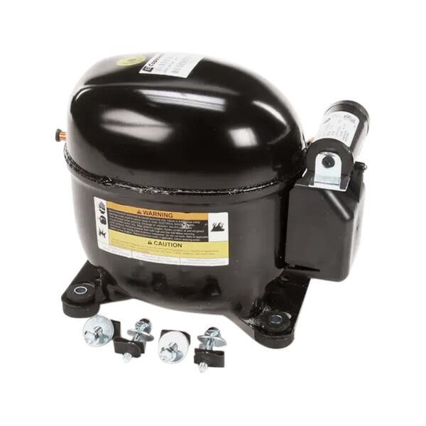 A black Traulsen air compressor with screws.