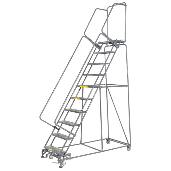 A Ballymore gray steel rolling safety ladder with expanded metal steps and wheels.