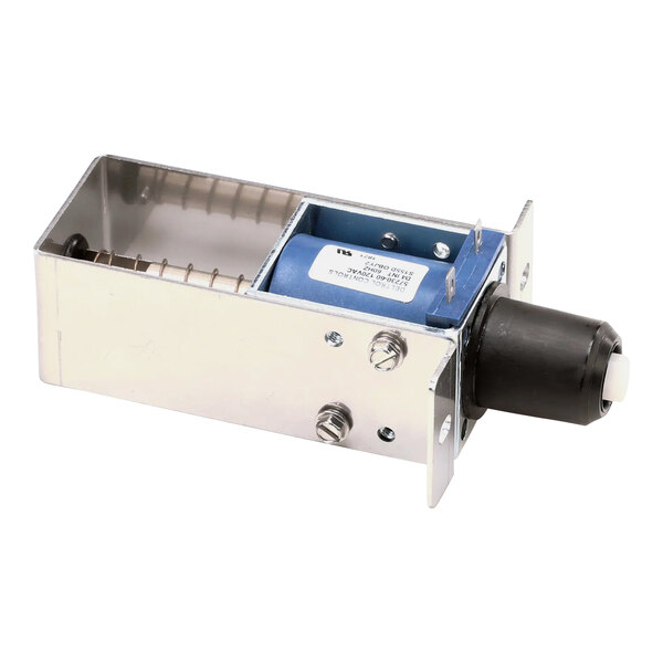 A metal box with a blue and black cylinder.