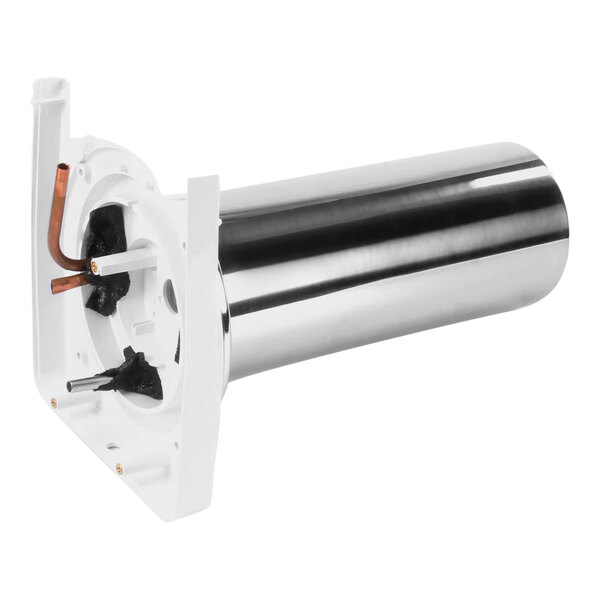 A silver and white metal cylinder with a white cover.