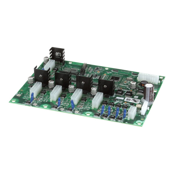 A close up of a green circuit board with a computer chip and black box.