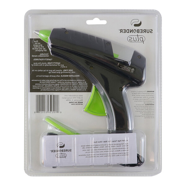 A green and black Surebonder Plus high-temperature glue gun in its packaging.