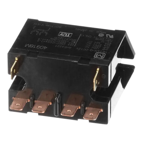 A black electrical device with copper connectors.