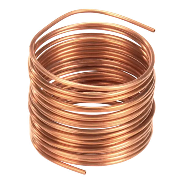 A close-up of a copper cap tube coil with a label.