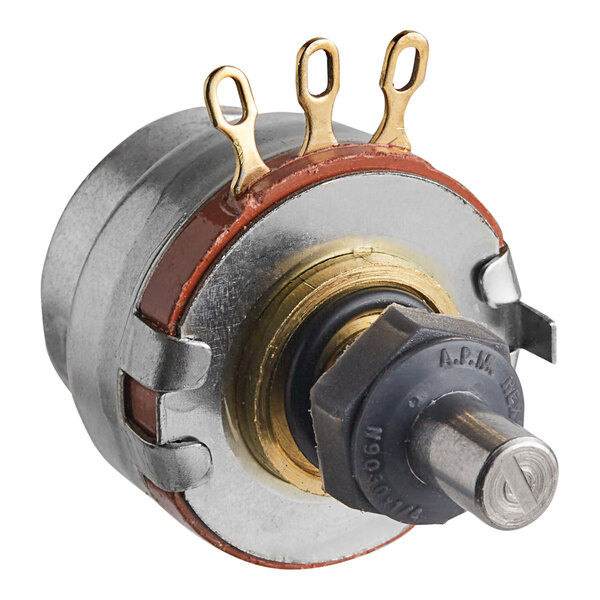 A Cleveland potentiometer with a brass knob and metal rings.