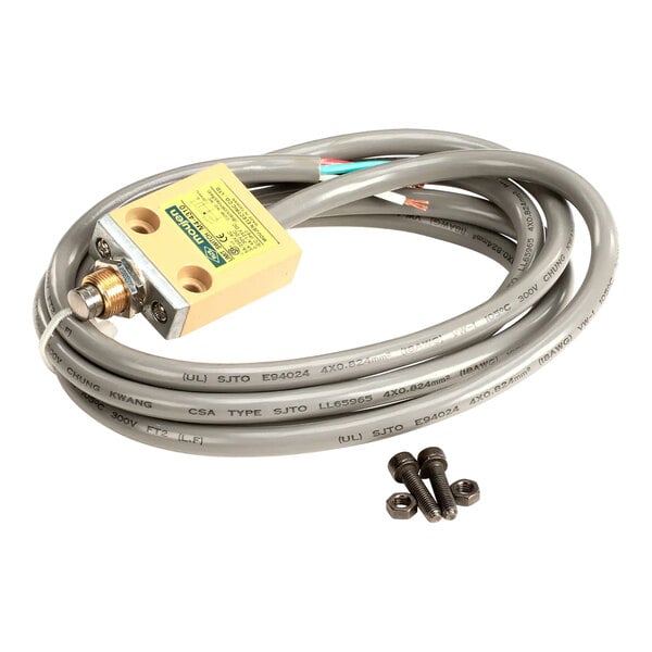 A gray Cleveland limit switch cable with metal connector and two screws.