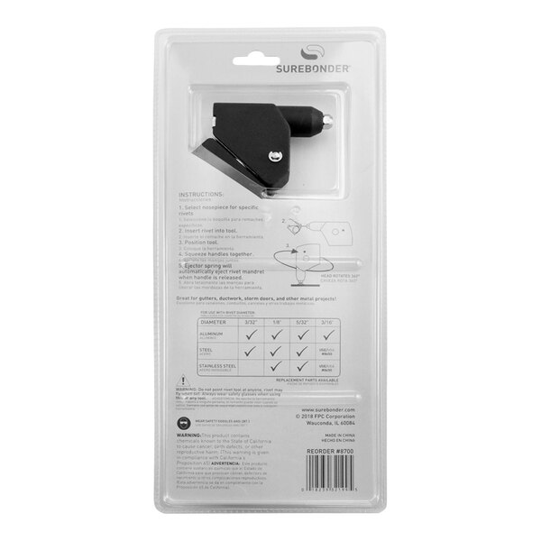 Surebonder Heavy-Duty Swivel Head Rivet Tool 8700 in black packaging with a black plastic clip.