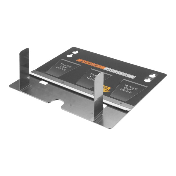 A black rectangular metal panel with silver brackets and a decal with two holes.