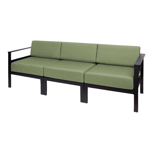 A BFM Seating black frame sofa with Sunbrella fern cushions.