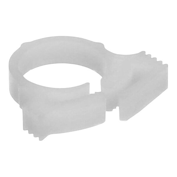 A white plastic Wilbur Curtis hose snap clamp with a hole in it.
