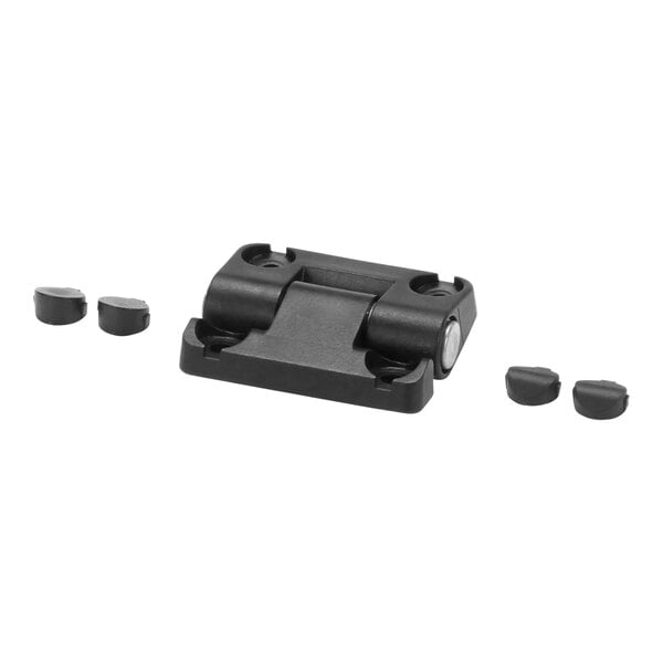 A black plastic hinge assembly with two round pieces and holes.