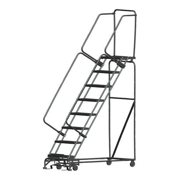 A close-up of a Ballymore gray steel rolling safety ladder with metal bars on the steps.