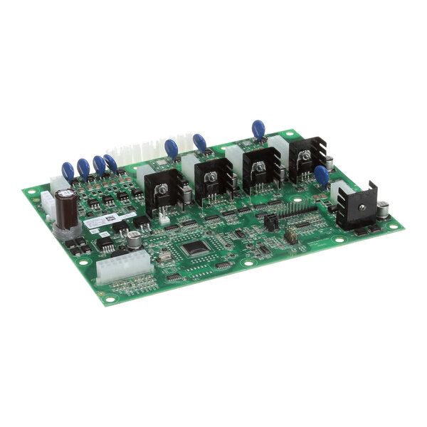 A close-up of a green circuit board with black and silver components.