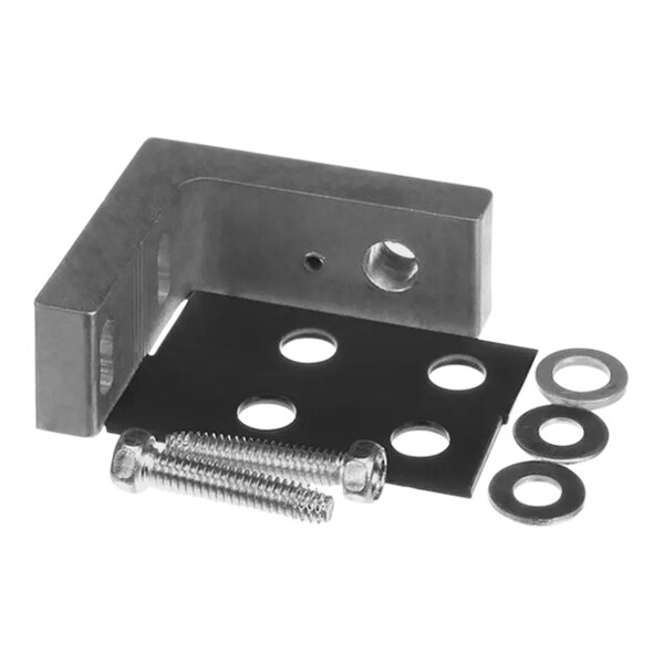 A metal corner with screws and bolts.