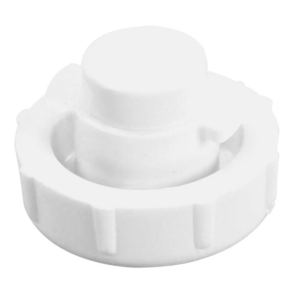 A white plastic round cap for a Bunn faucet.