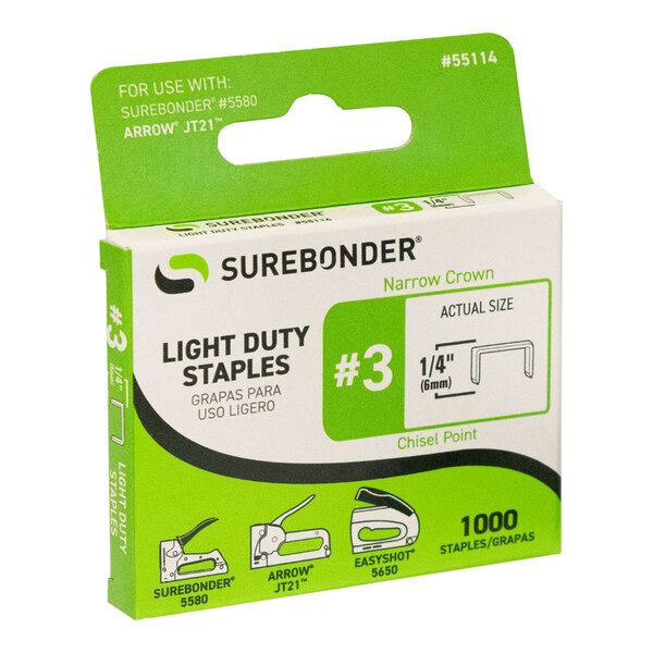 A green and white box of 1,000 Surebonder 1/4" #3 Light-Duty Narrow Crown Staples.