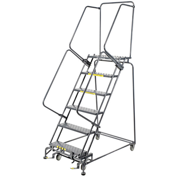 A gray Ballymore steel rolling ladder with metal bars and handrails.