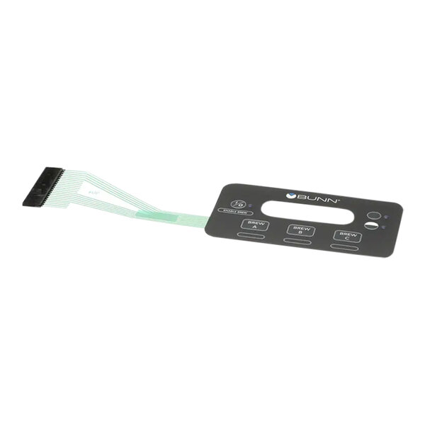 A black rectangular Bunn ICB single membrane switch with white text and green wires.