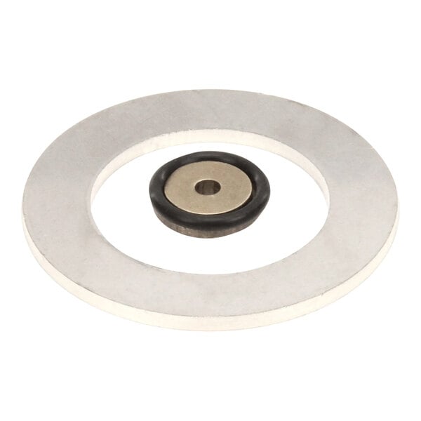 A round white and black rubber washer with a metal ring.