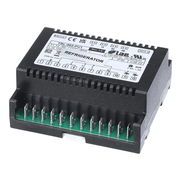 A black electronic device with a white label.