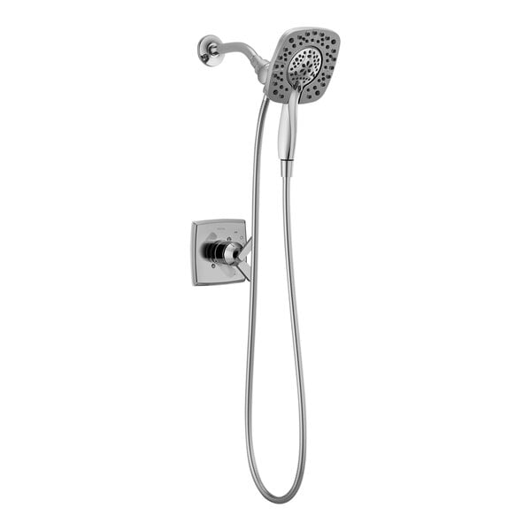 A Delta shower head with hose in chrome.