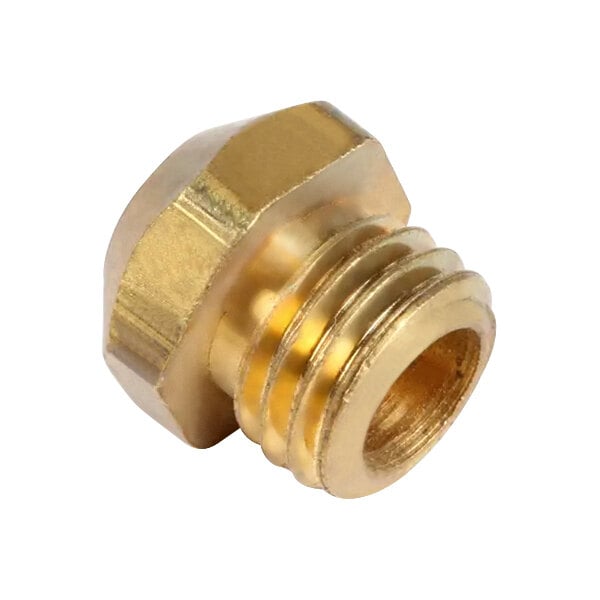 A close-up of a gold nut with a threaded end.