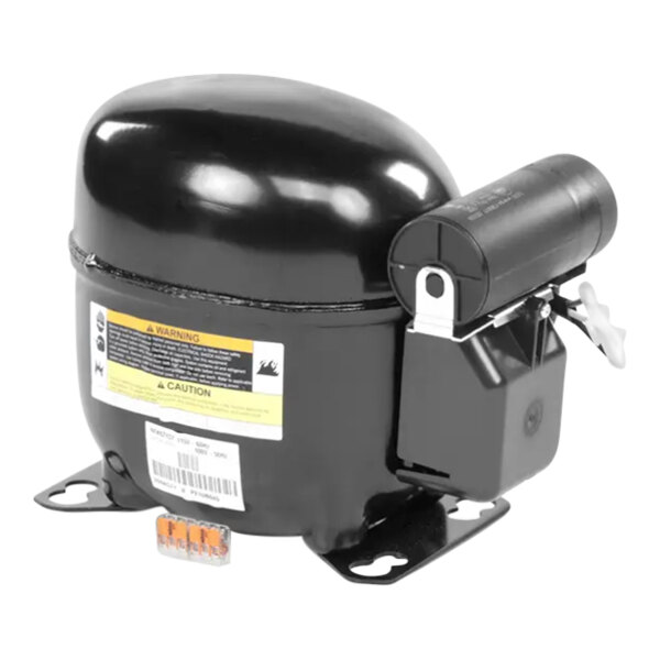 A True Refrigeration 1/2 Hp black air compressor kit with a metal housing and yellow label.