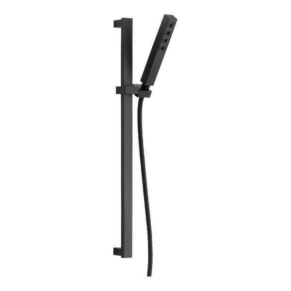 A matte black Delta handheld shower on a black metal slide bar pole.