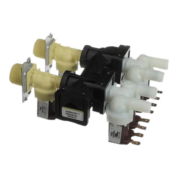 A black and white Alliance Laundry manifold valve with white and black wires.