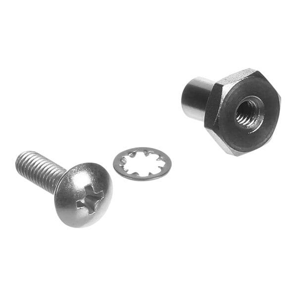 A circular metal pin with holes and a screw and nut.