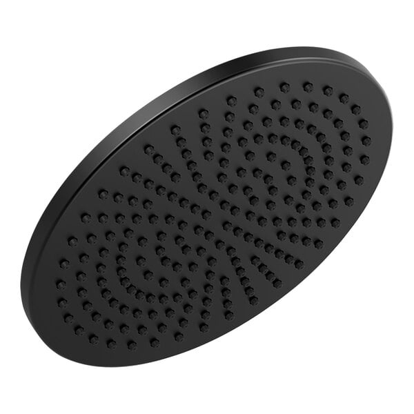A matte black Delta round raincan shower head with small holes.