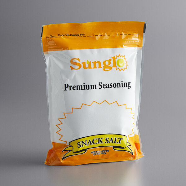 A bag of Sunglo white popcorn salt with a white label.