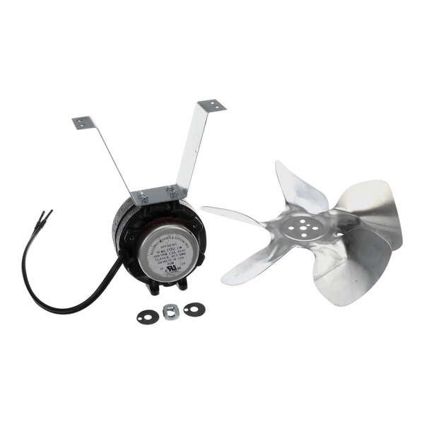 A metal fan motor with a metal blade.