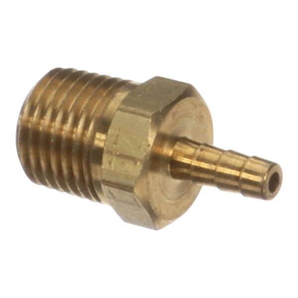 A close-up of a brass Cleveland hose barb fitting with a threaded nut.