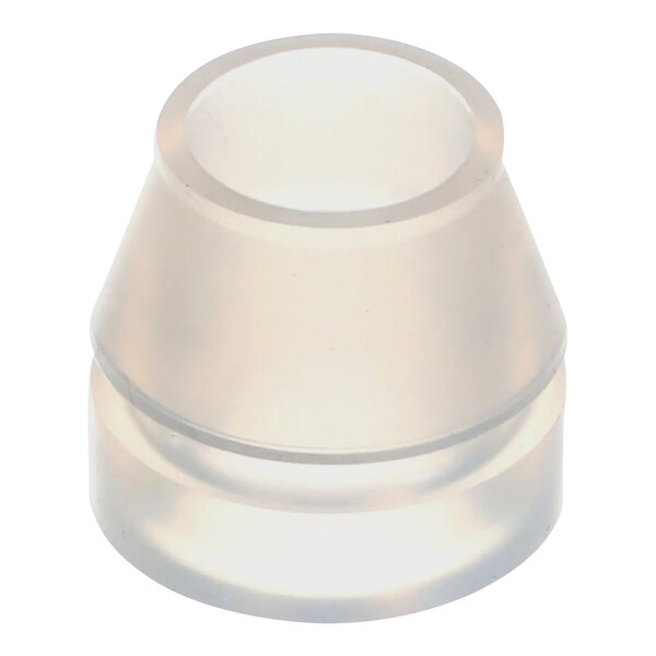 A clear plastic grommet with a round top on a white background.