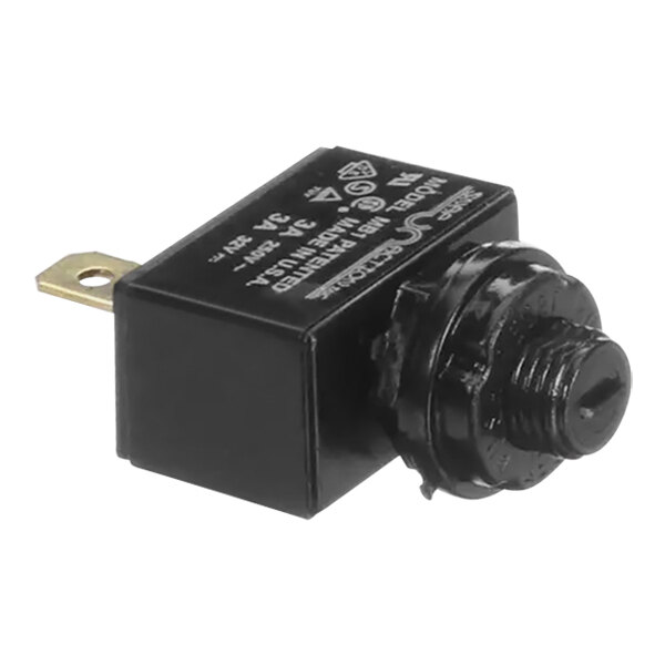 A black square circuit breaker with a round knob.