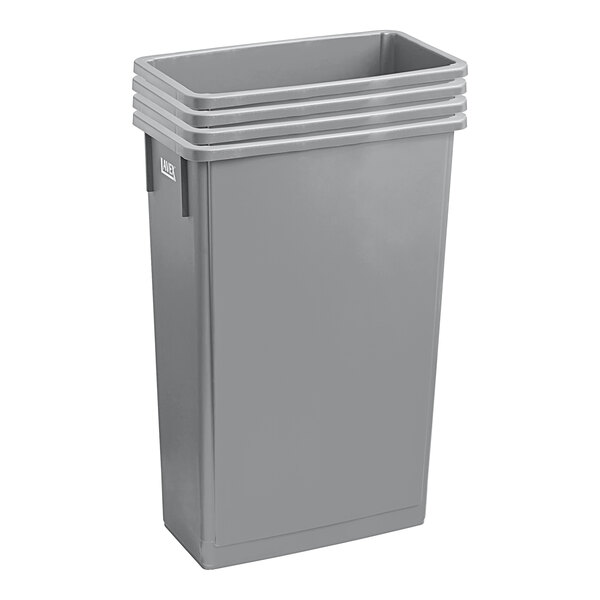 A grey rectangular Lavex trash can with a lid.
