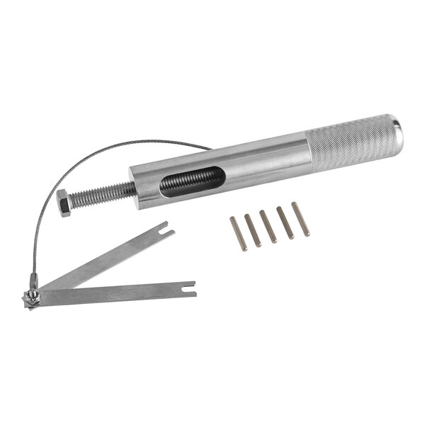 A metal rod with screws used to replace Bunn ultra gear motor pins.