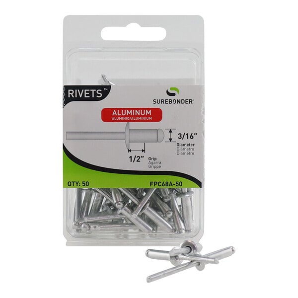 A package of Surebonder light-duty aluminum rivets.