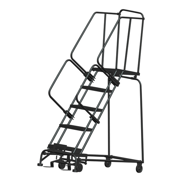 A gray steel Ballymore rolling safety ladder with metal bars on the steps.