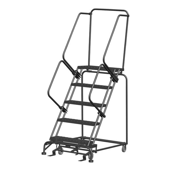 A gray steel Ballymore rolling safety ladder with expanded metal steps and black wheels.