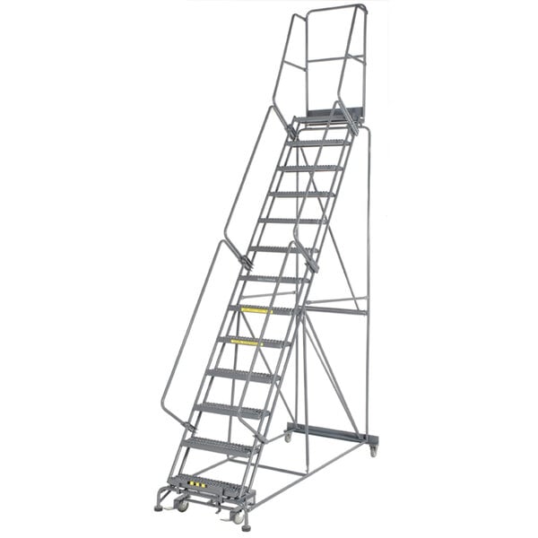 A Ballymore gray steel rolling safety ladder with serrated tread and wheels.