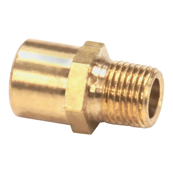 A close-up of a brass Cleveland orifice with a threaded male connector.