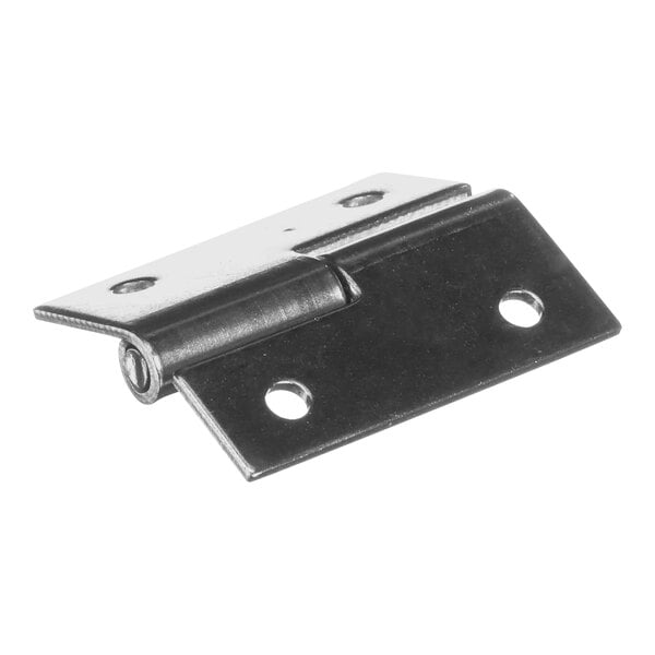 A close-up of a stainless steel Traulsen hinge with holes on the side.