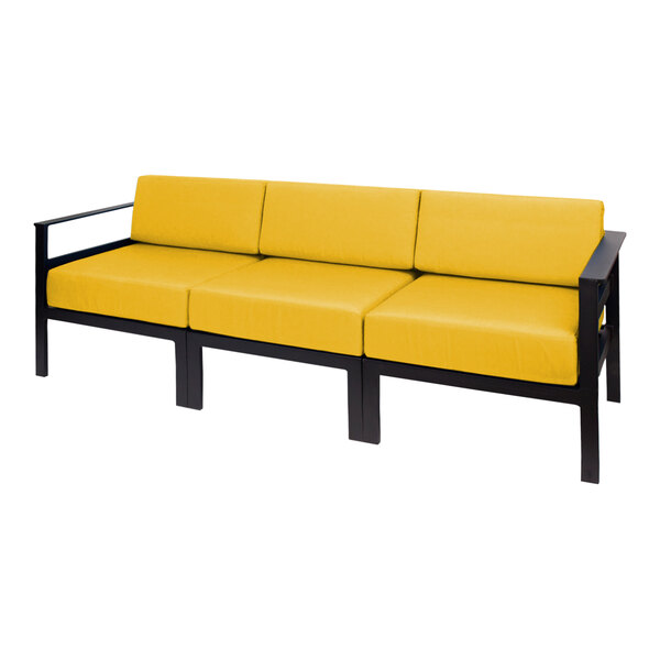 A BFM Seating Belmar yellow sofa with black frame.