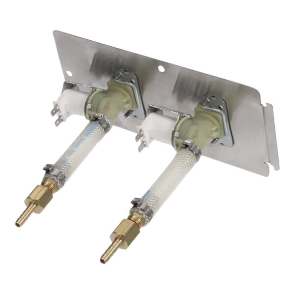 A Cleveland Chef water supply assembly with two metal valves and pipes attached.