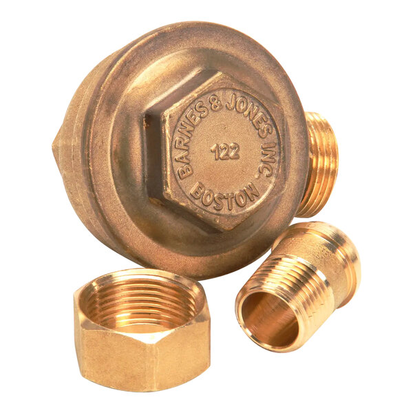 A close-up of a brass Cleveland thermostat valve with two nuts.