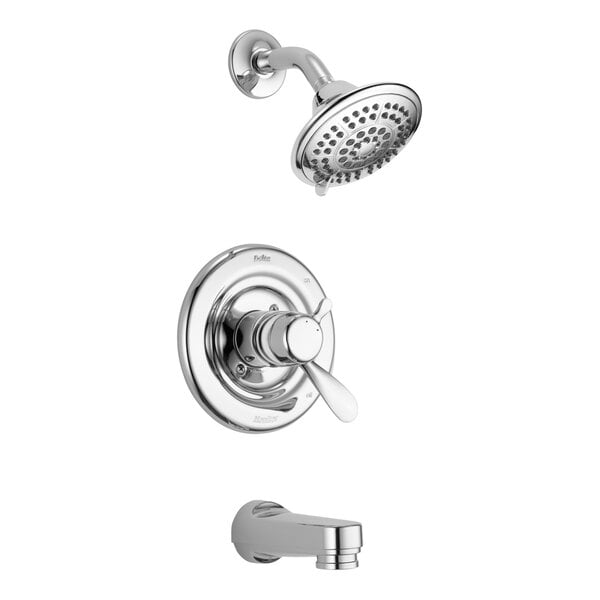 A Delta chrome bath and shower faucet with shower head.